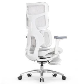Эргономичное кресло Falto Scala Office с подножкой (разделённый поясничный упор, сетка, каркас белый, серый)