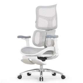 Эргономичное кресло Falto Scala Office с подножкой (разделённый поясничный упор, сетка, каркас белый, серый)